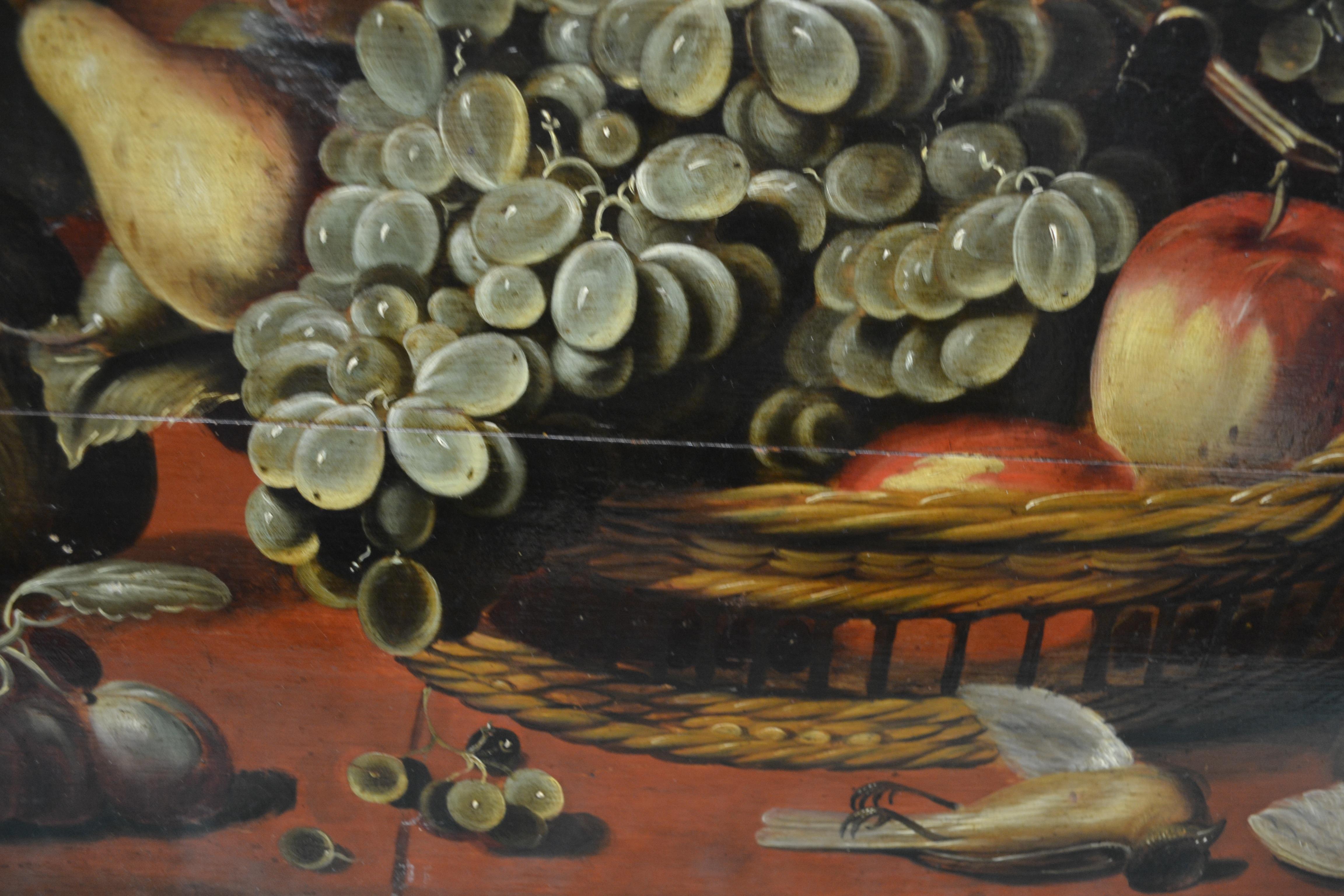 Nature morte hollandaise ou flamande du XVIIIe siècle représentant une volaille et des fruits sur panneau en vente 1
