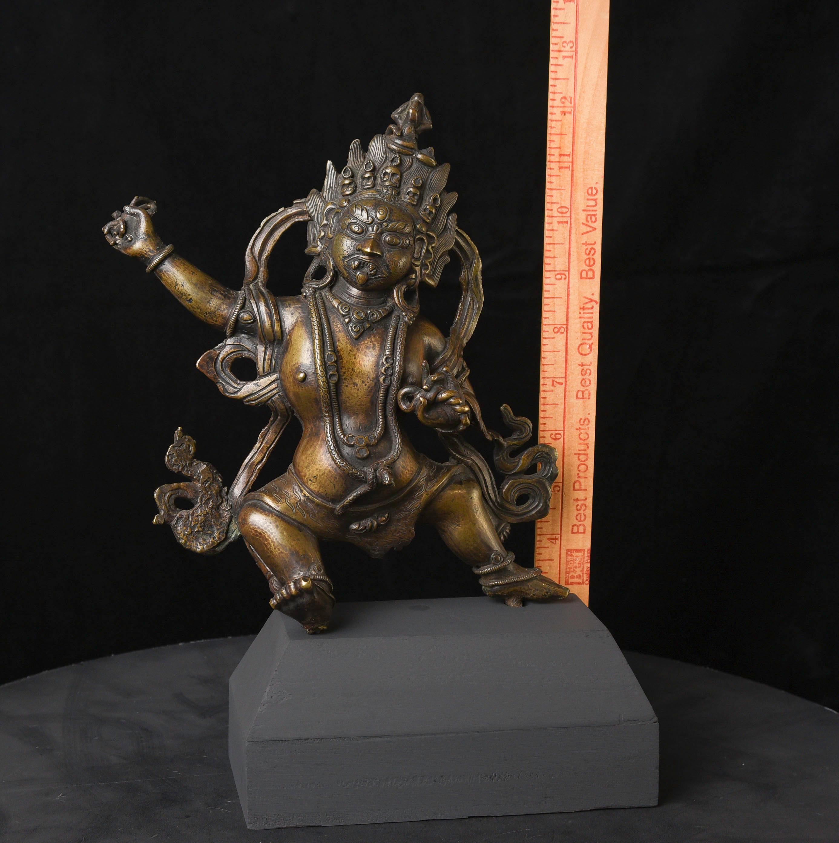 18thC Tibetan Bronze Protective Deity- Very fine and large example. I've had many of this subject over the years, but never one of his quality and Size. spend time looking at the photos , and note the quality of the casting, sculpting, and patina.