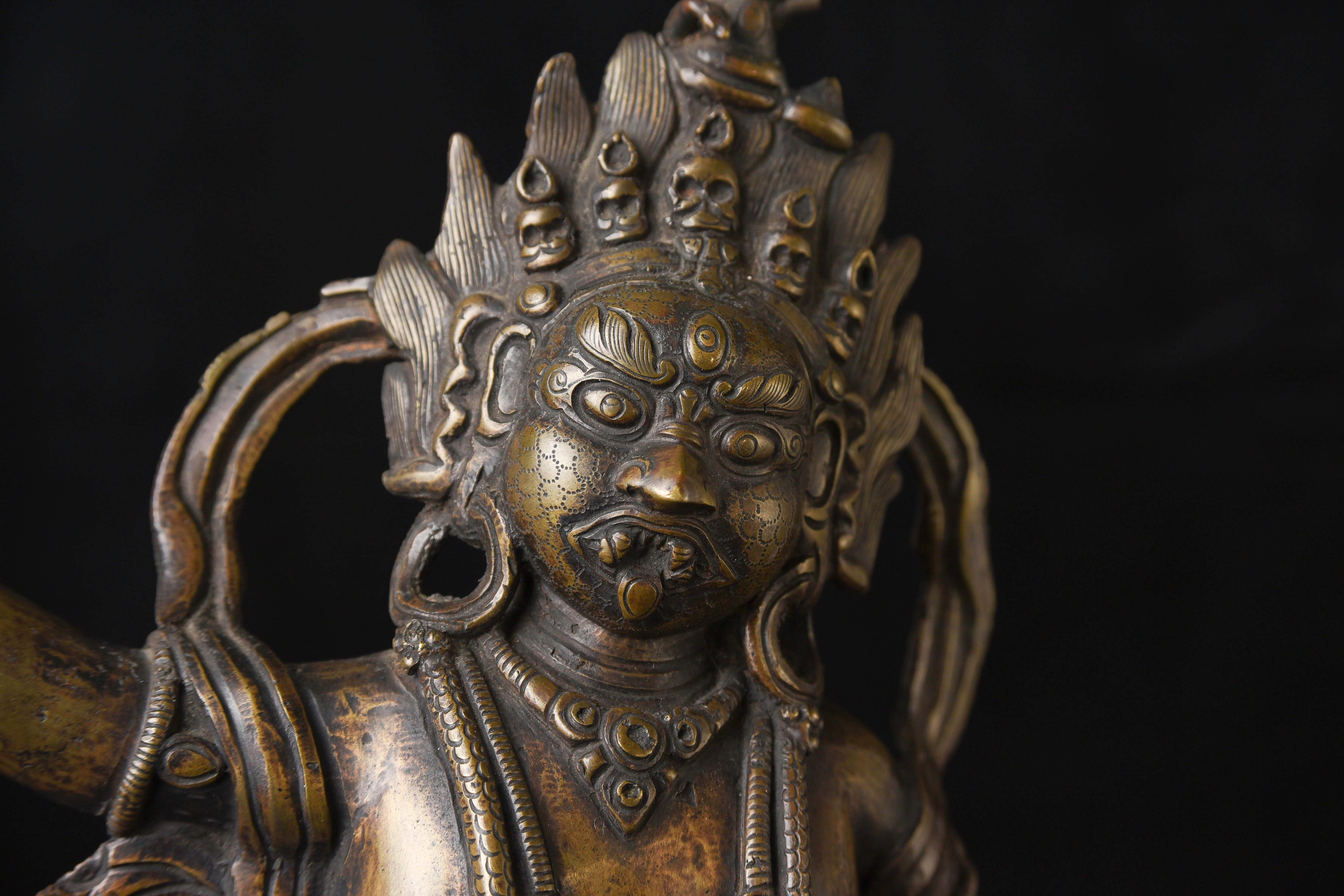 Cast 18thc Tibetan Bronze Protective Deity, Very Fine and Large Example.  For Sale