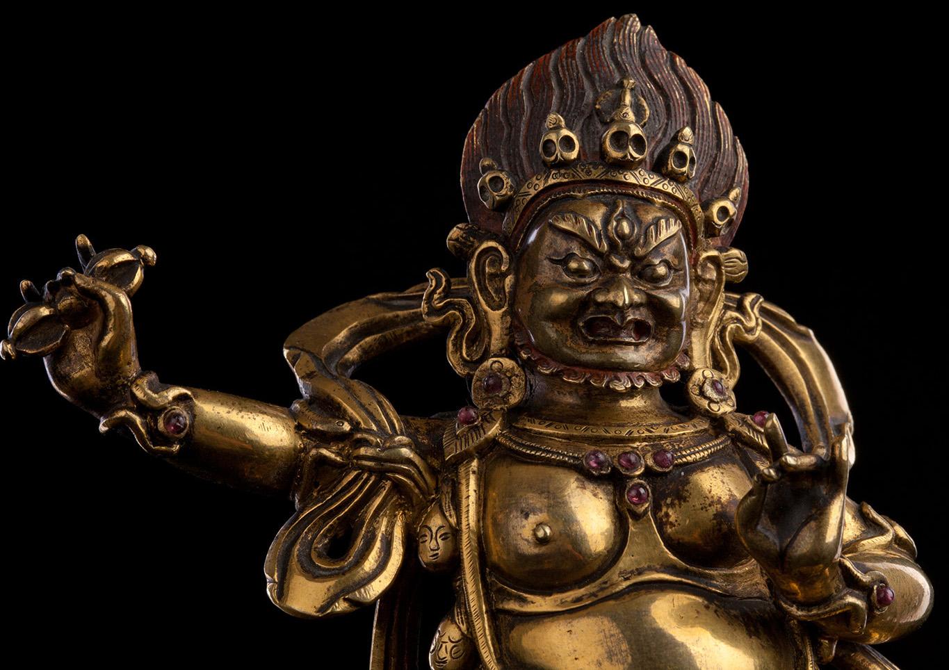 18thC Tibetan Fierce Deity. From an old high-end Swedish collection. Measures 5 inches tall. Cast and finished as well as a piece of fine jewelry, this is a world-class piece that almost glows in the dark or the light. With original jewels, the