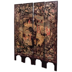Antique 18th Century Black Lacquered Coromandel Chinese 4-Leaf Screen