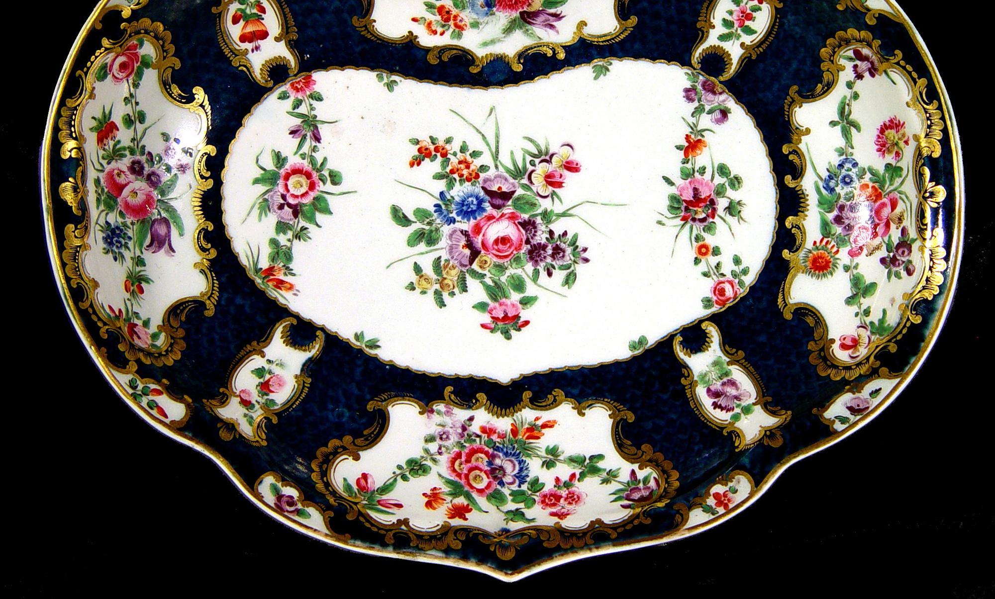 18th Century 18thcentury First Period Worcester Porcelain Rococo Botanical Blue-Scale Dish For Sale