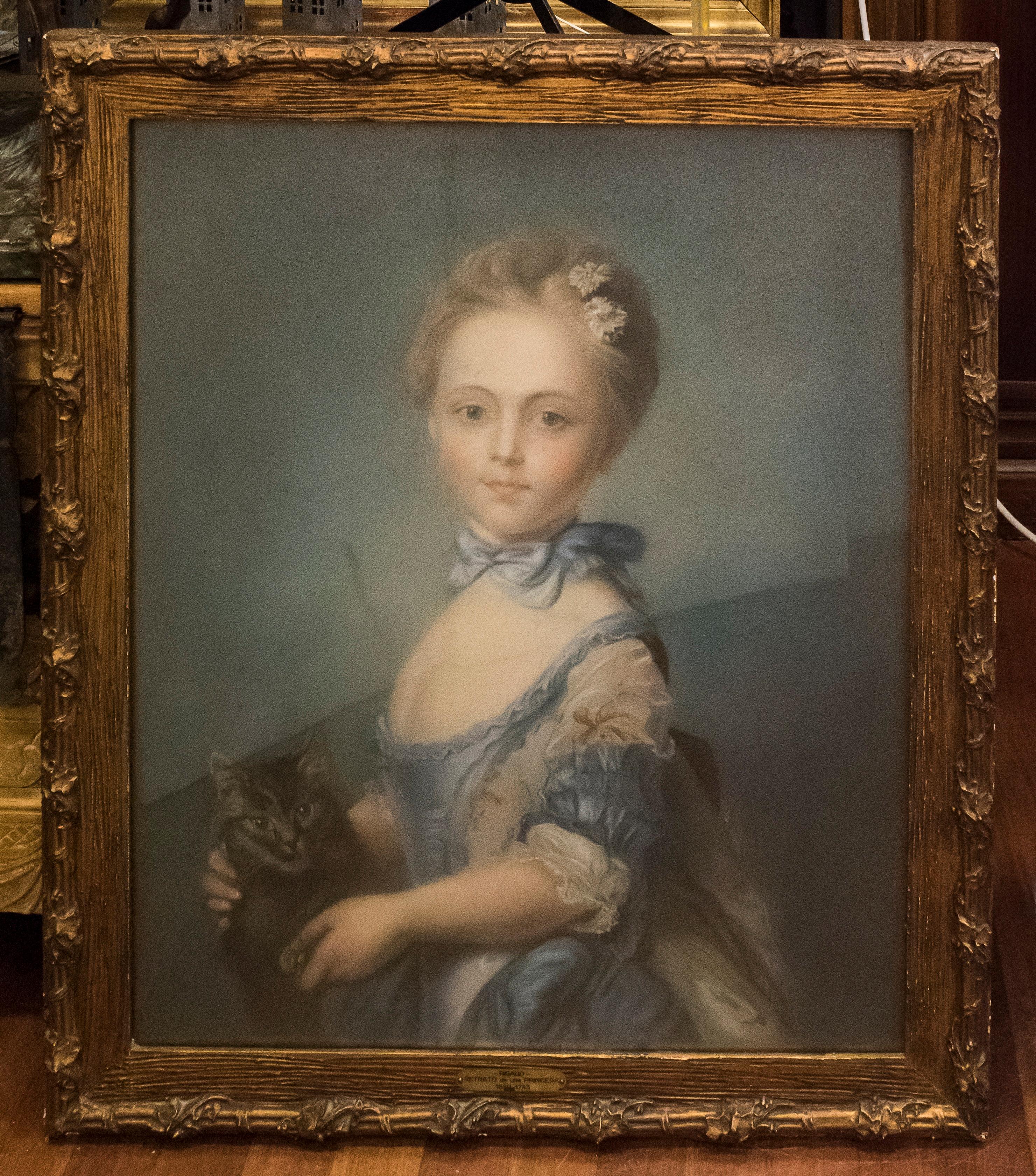 19th French Blue Pastel Portrait  After Perronneau   
