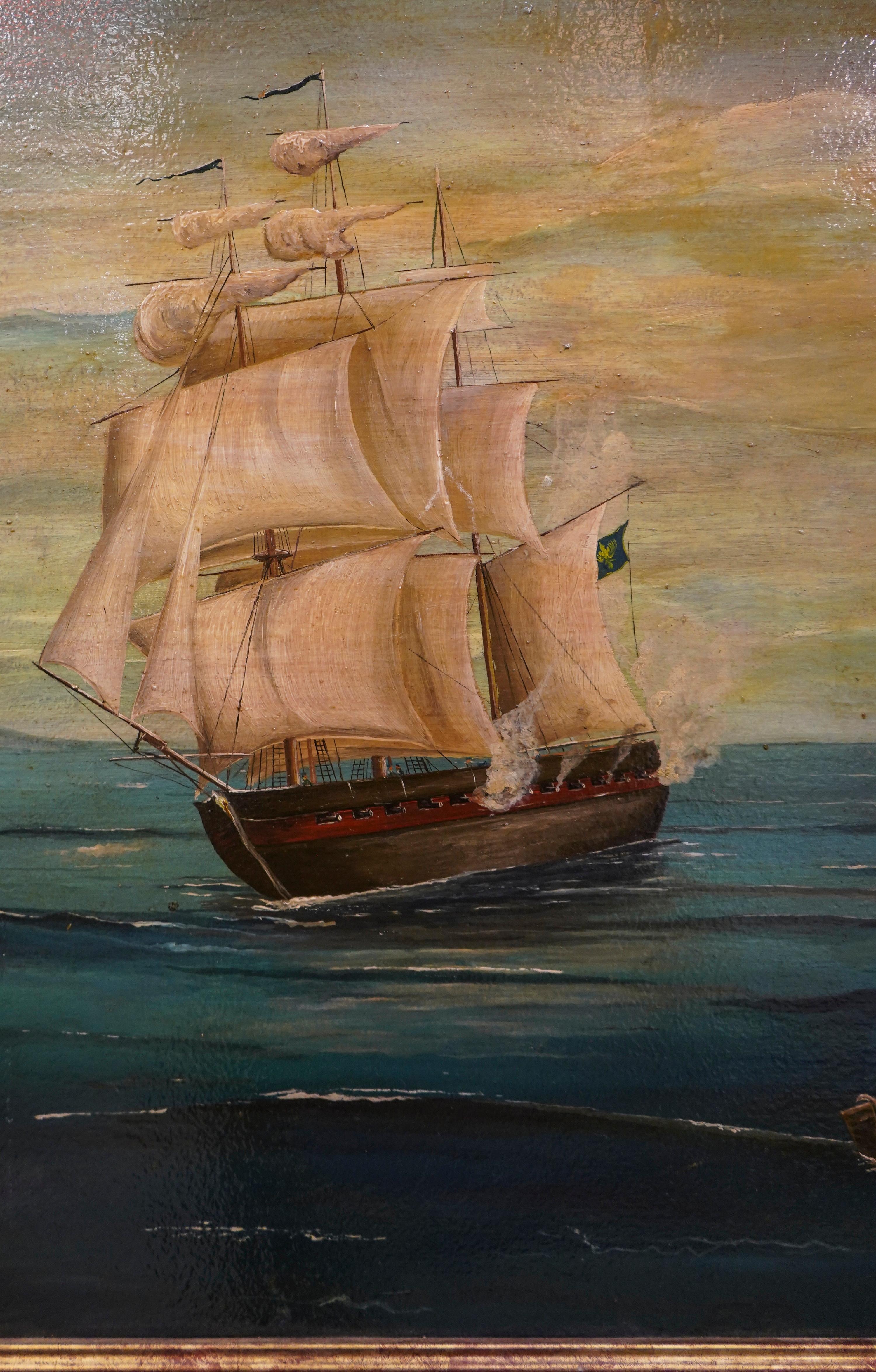 18th French Oil on Cardboard School Naval Battle Oil on Canvas For Sale 3