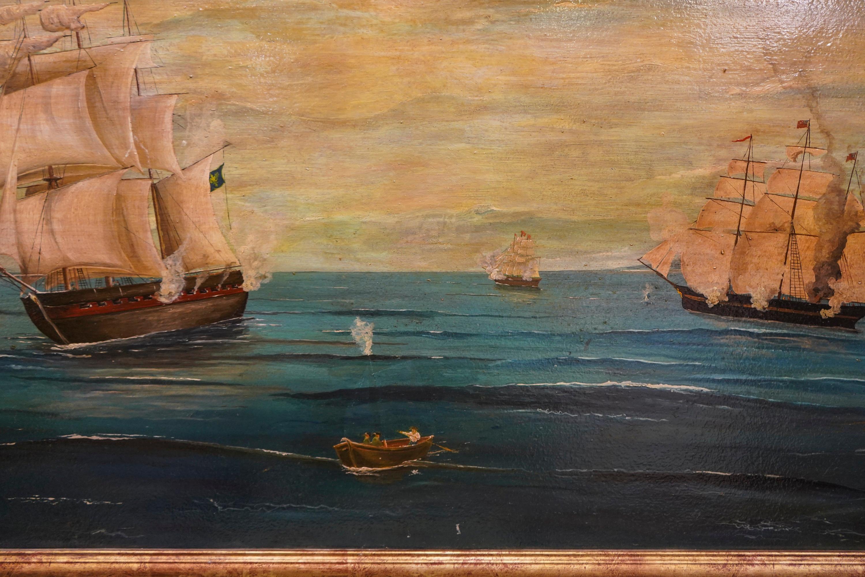 18th French Oil on Cardboard School Naval Battle Oil on Canvas For Sale 4