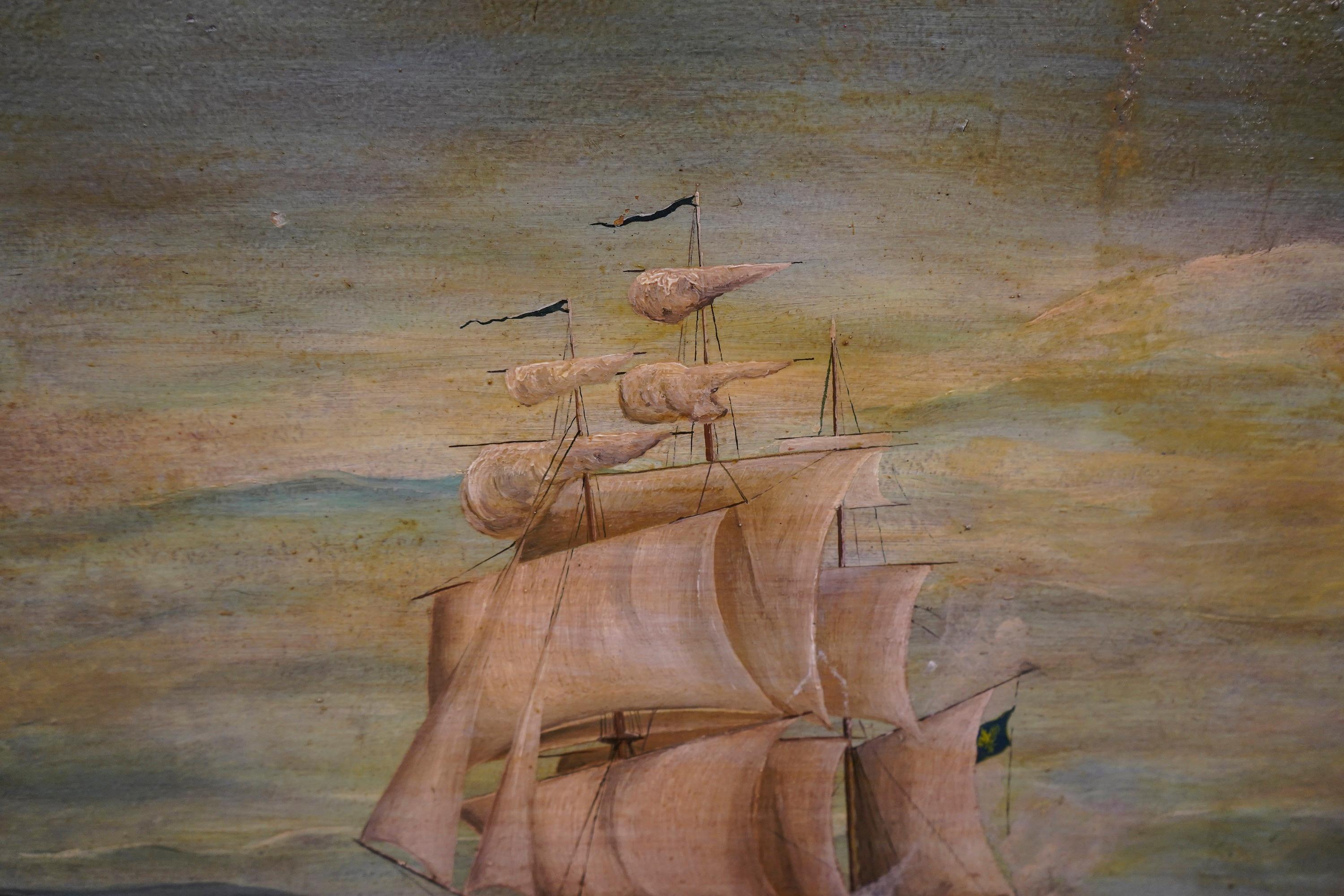 18th French Oil on Cardboard School Naval Battle Oil on Canvas For Sale 5