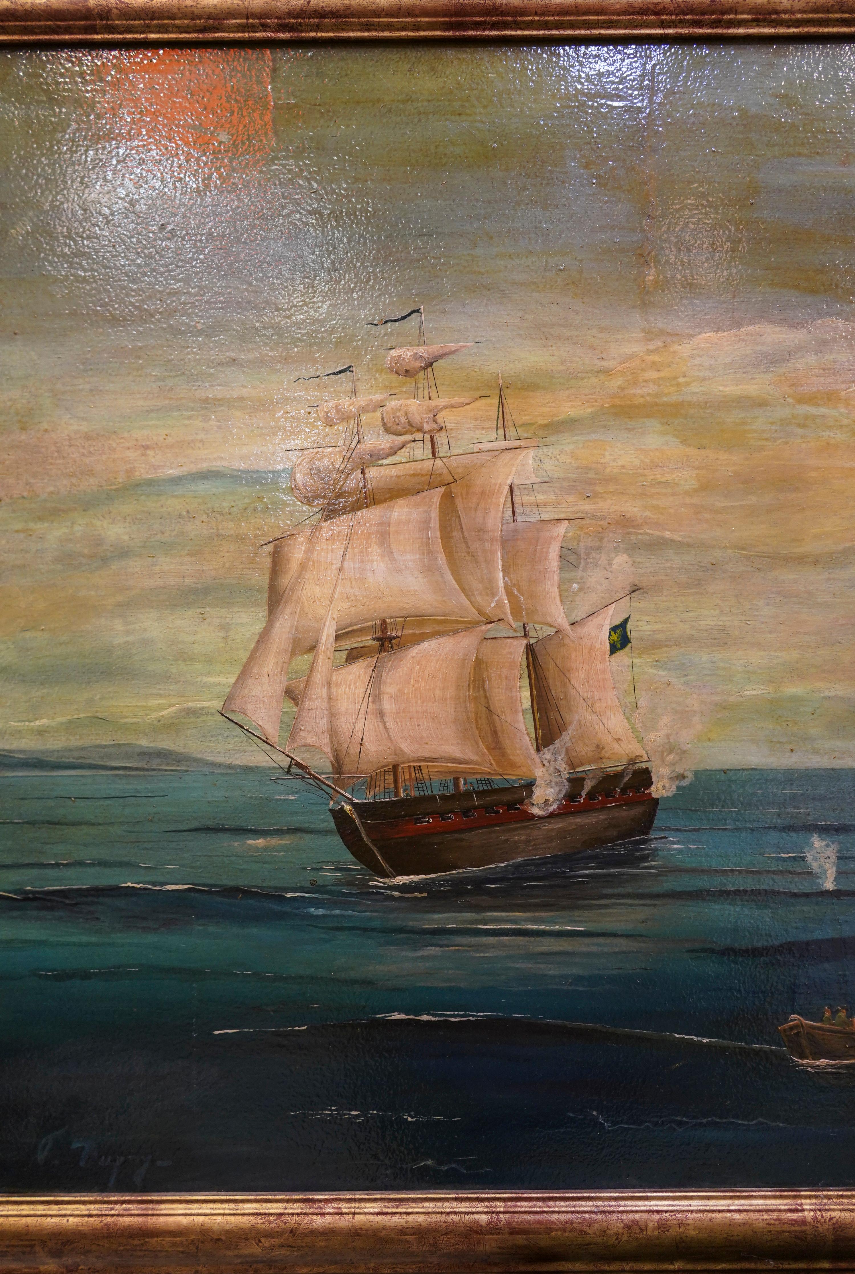 Romantique Huile sur toile de l'école navale du 18e siècle représentant une bataille navale, France en vente