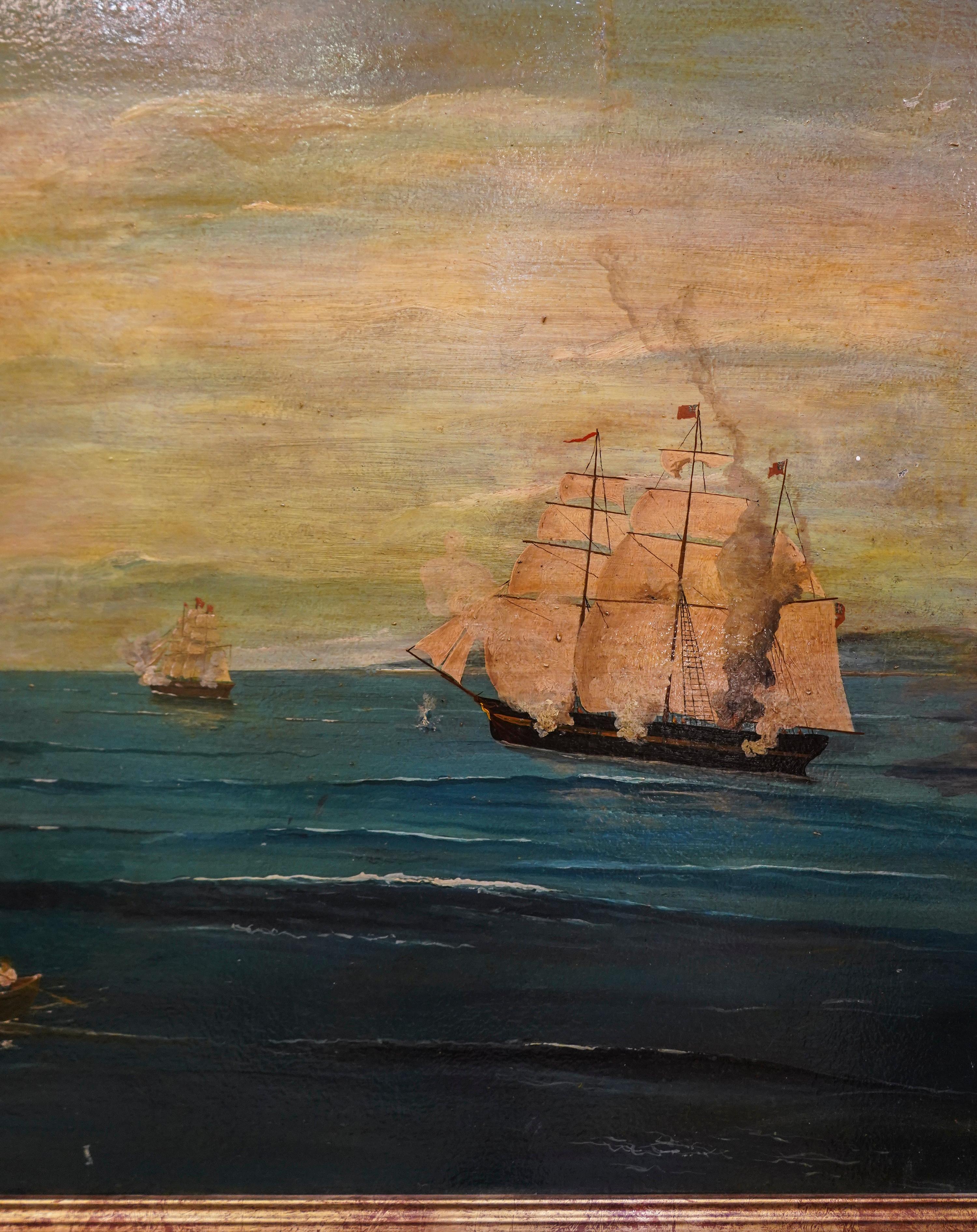 Hand-Painted 18th French Oil on Cardboard School Naval Battle Oil on Canvas For Sale