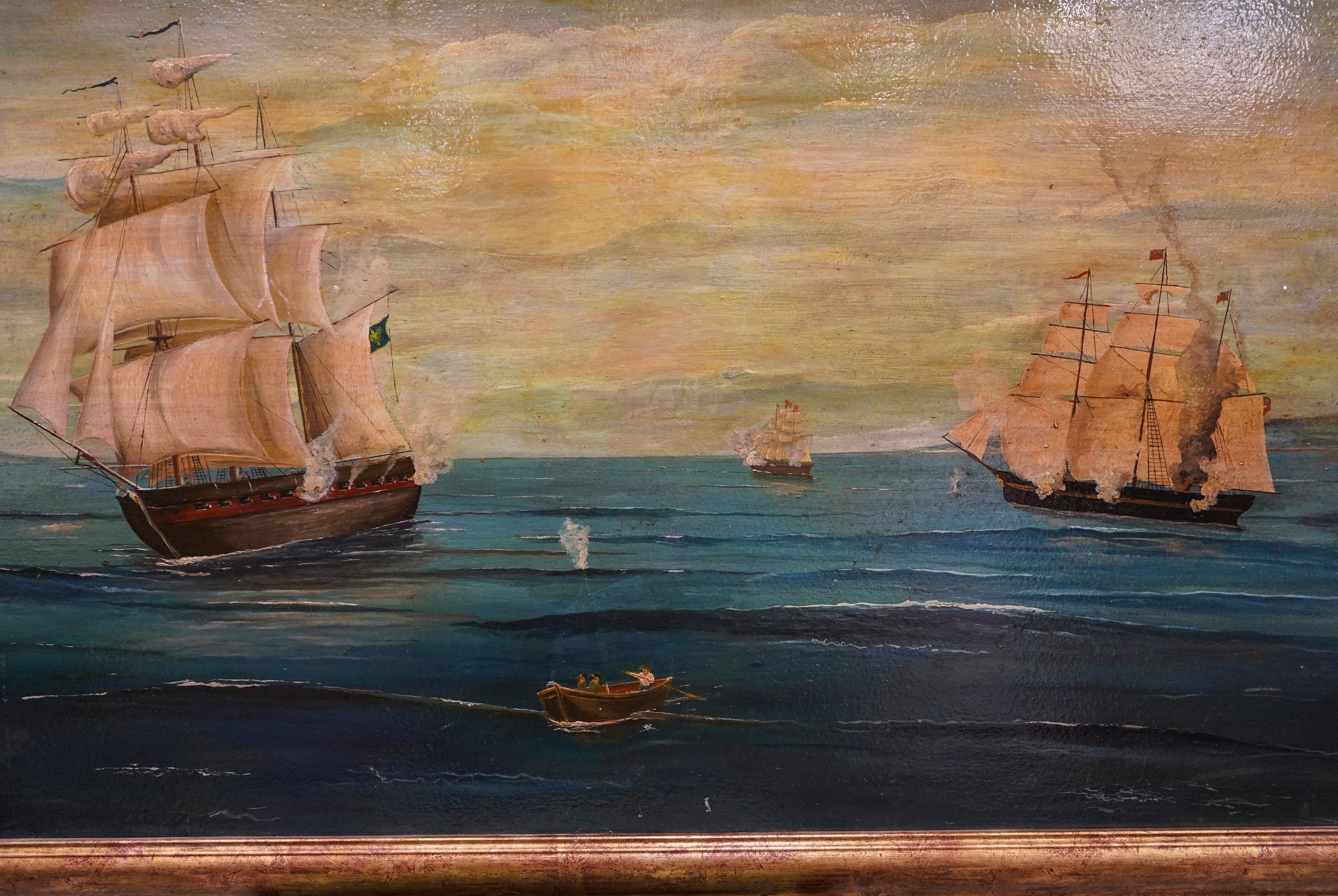 18th French Oil on Cardboard School Naval Battle Oil on Canvas For Sale 2