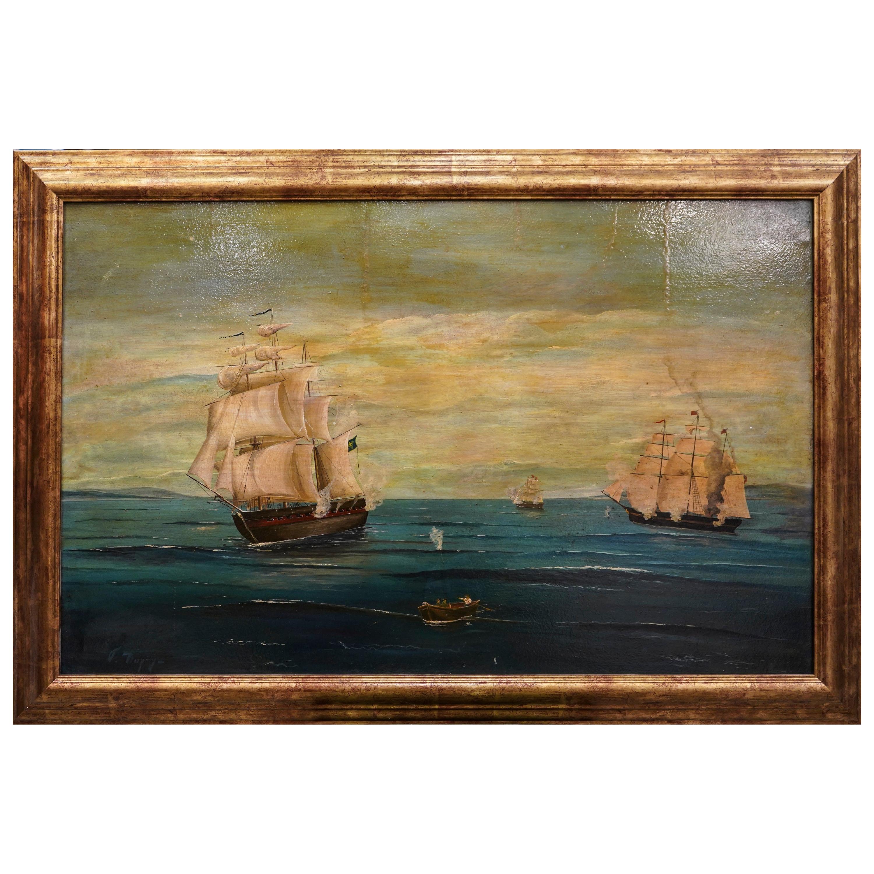 18th French Oil on Cardboard School Naval Battle Oil on Canvas