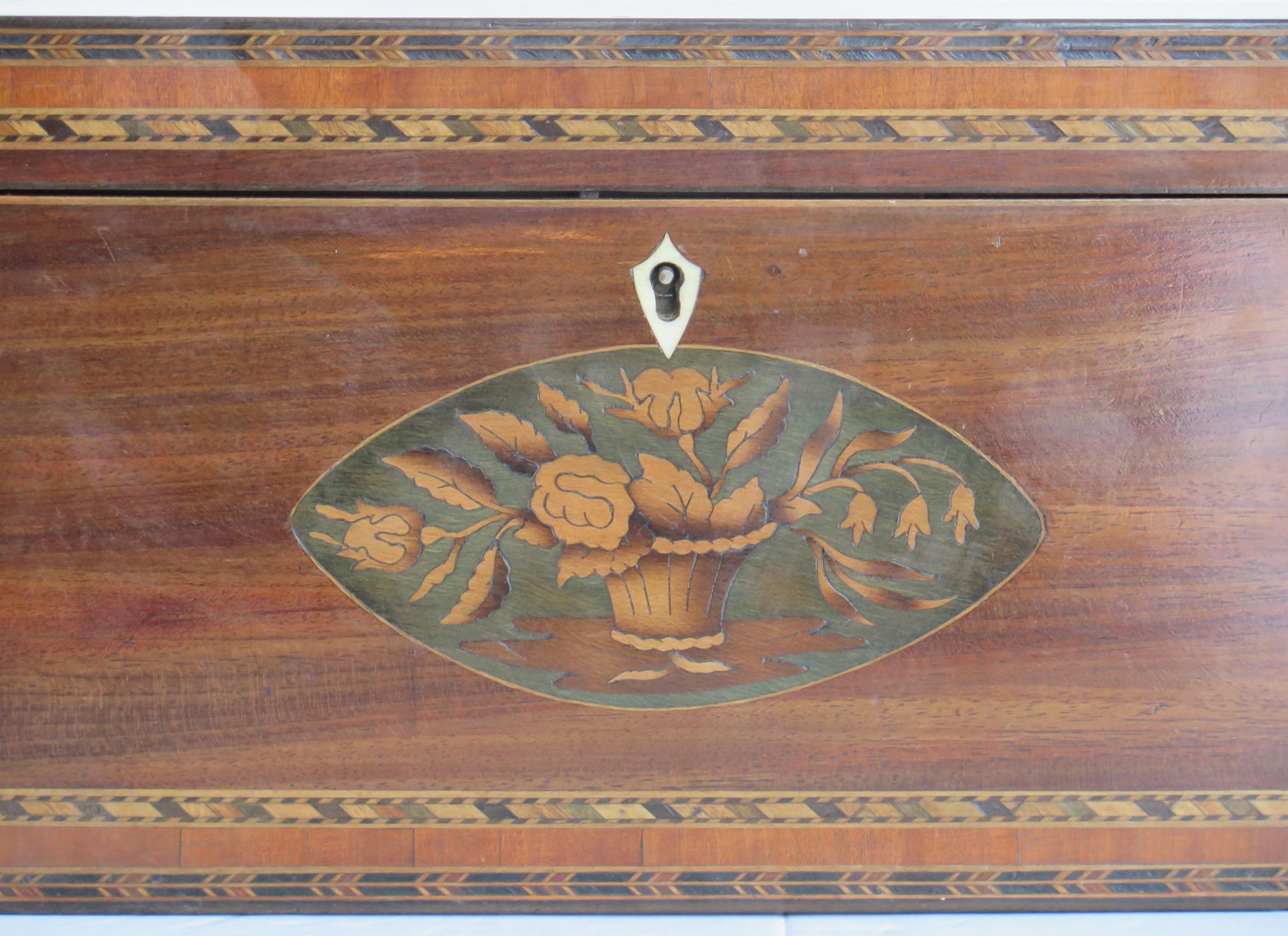 Boxwood 18th Century Sheraton Period Tea Caddy Mahogany Finely Inlaid, English circa 1785