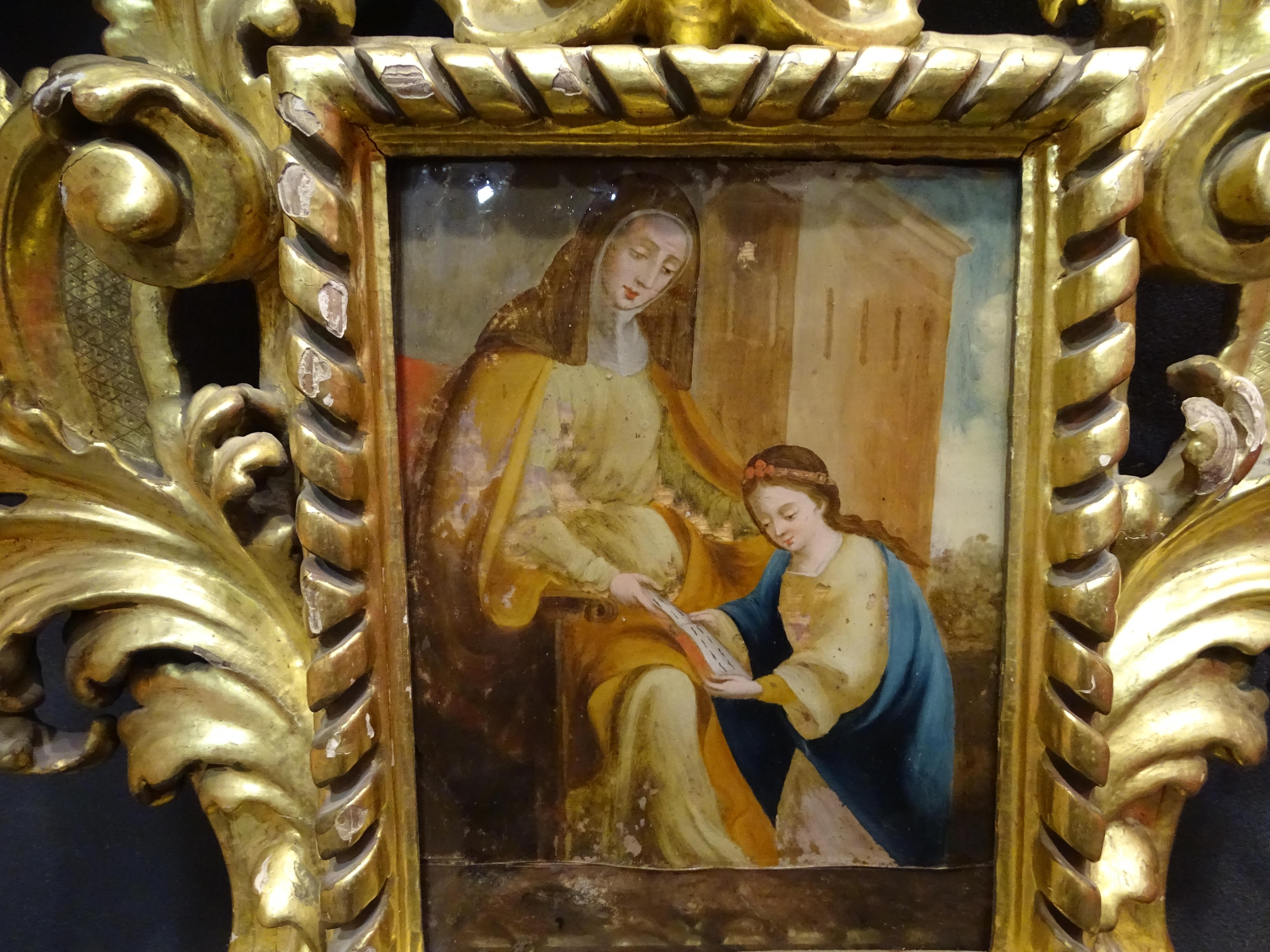 Peinture espagnole du 18ème siècle sur le verre, deux tableaux, cadre en bois doré en vente 3
