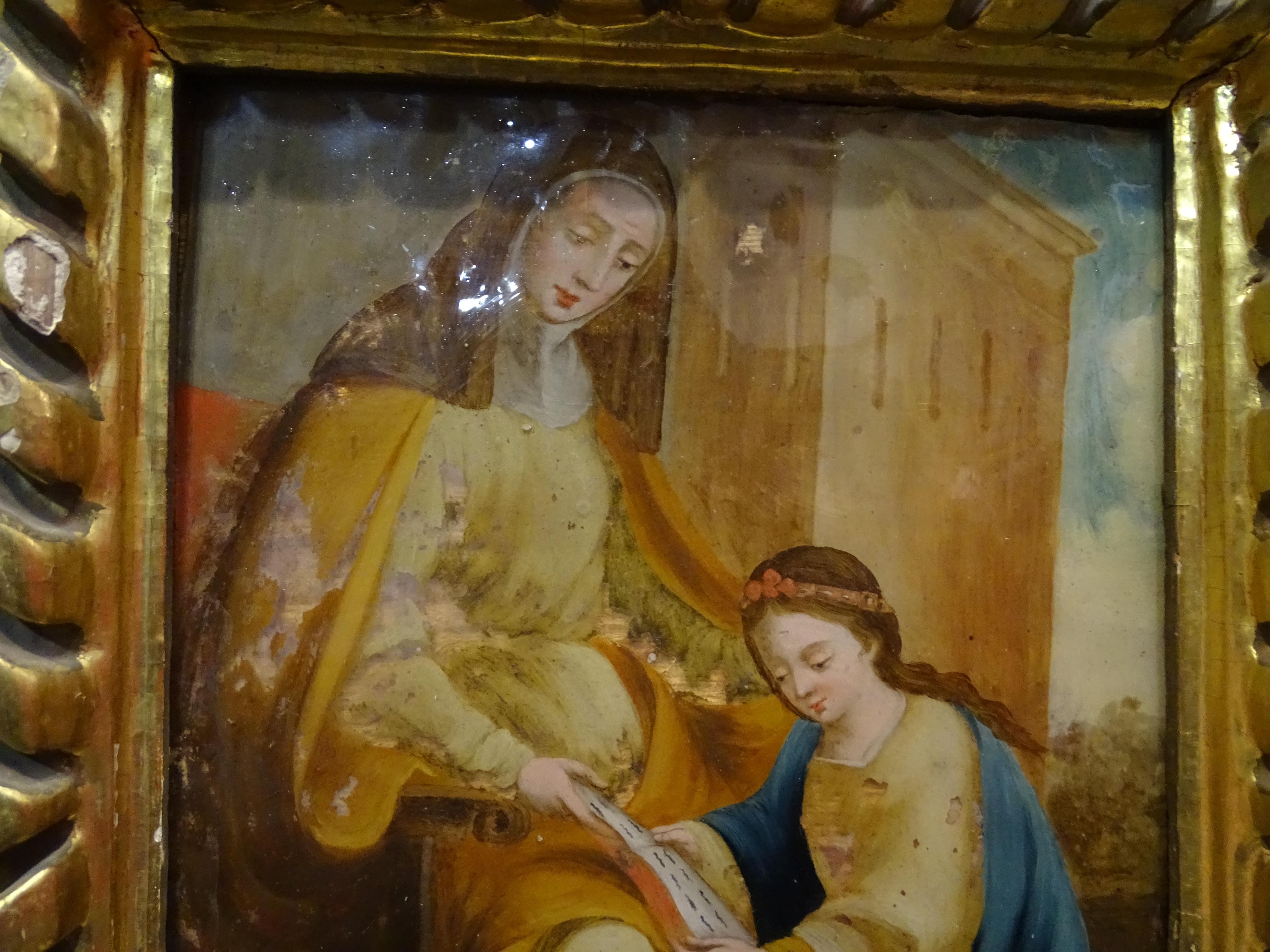 18th Century Spanish Painting on the Glass, Couple of Painting, Gildwood Frame For Sale 5