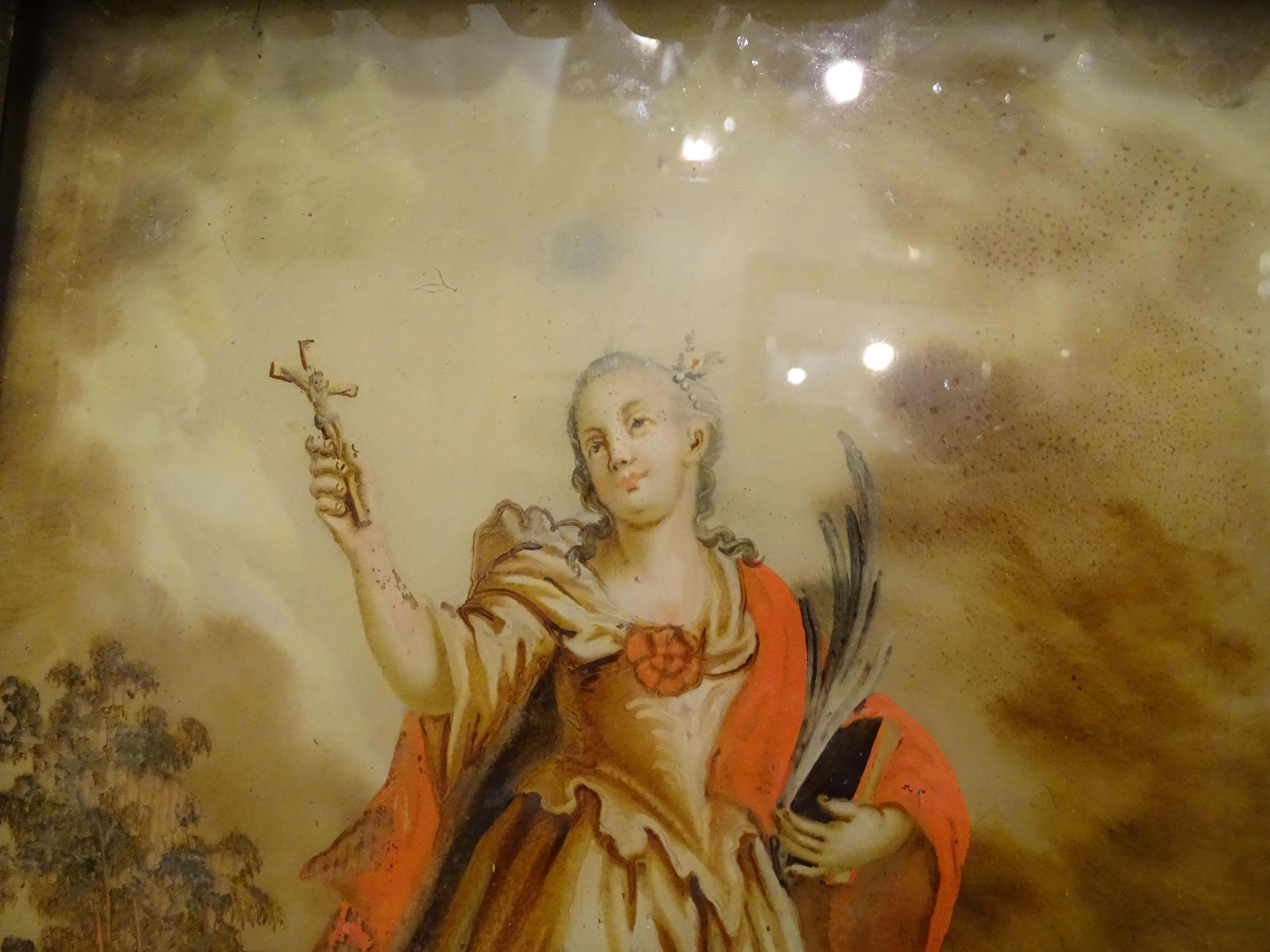 Spanisches Gemälde auf Glas aus dem 18. Jahrhundert, Paar Gemälde, Rahmen aus vergoldetem Holz im Angebot 8