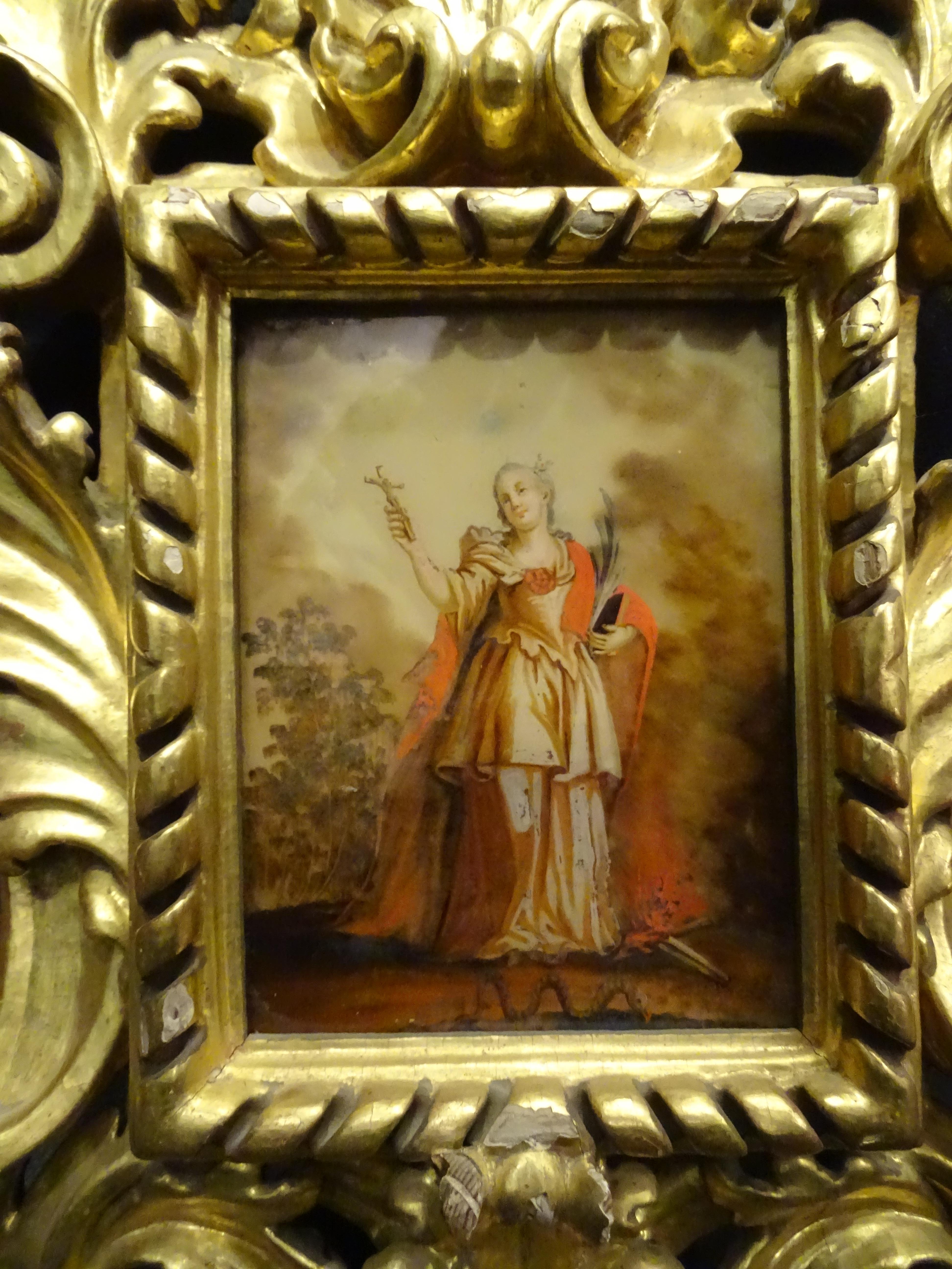 18th Century Spanish Painting on the Glass, Couple of Painting, Gildwood Frame For Sale 13