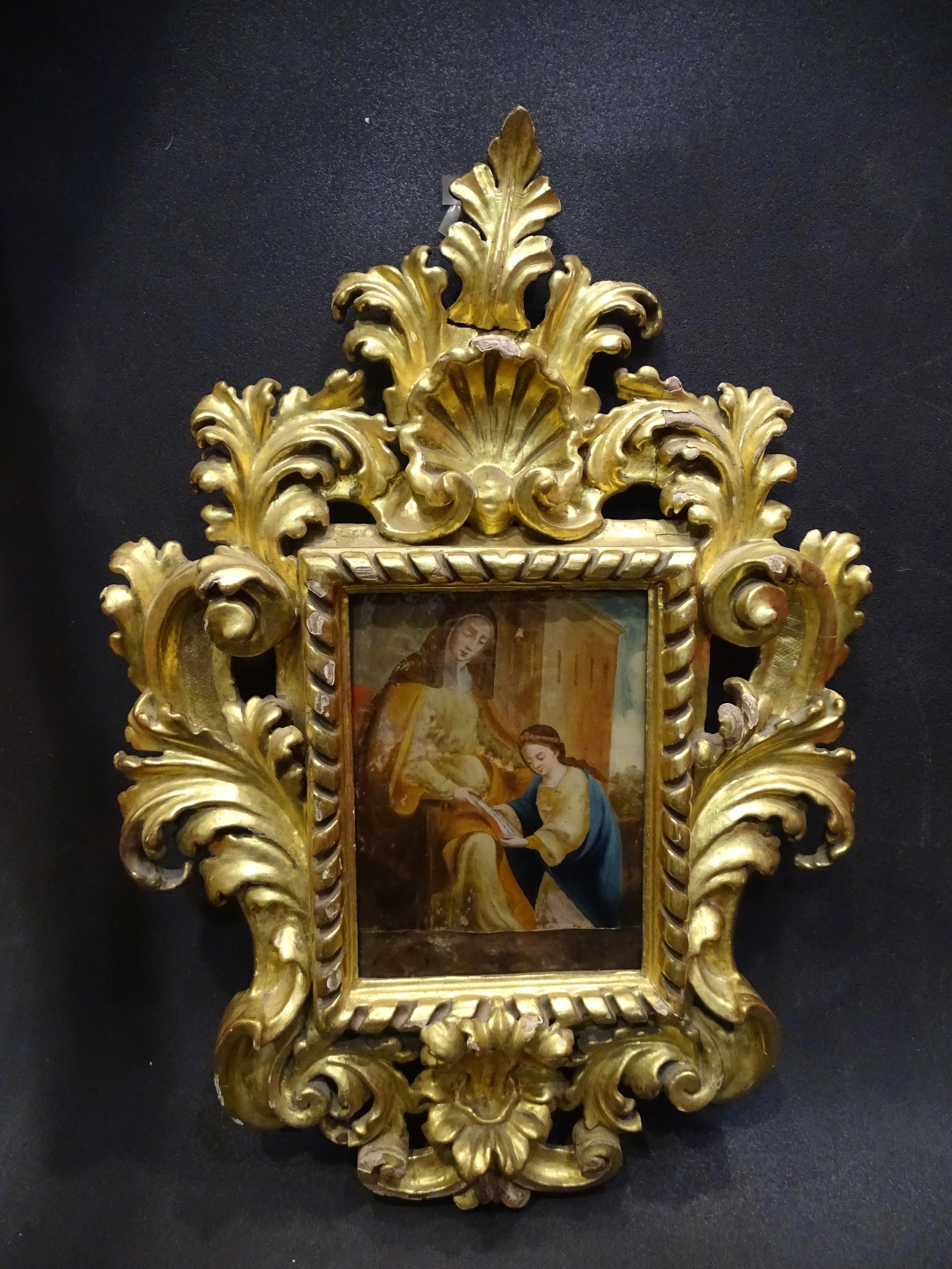 Spanisches Gemälde auf Glas aus dem 18. Jahrhundert, Paar Gemälde, Rahmen aus vergoldetem Holz (Barock) im Angebot