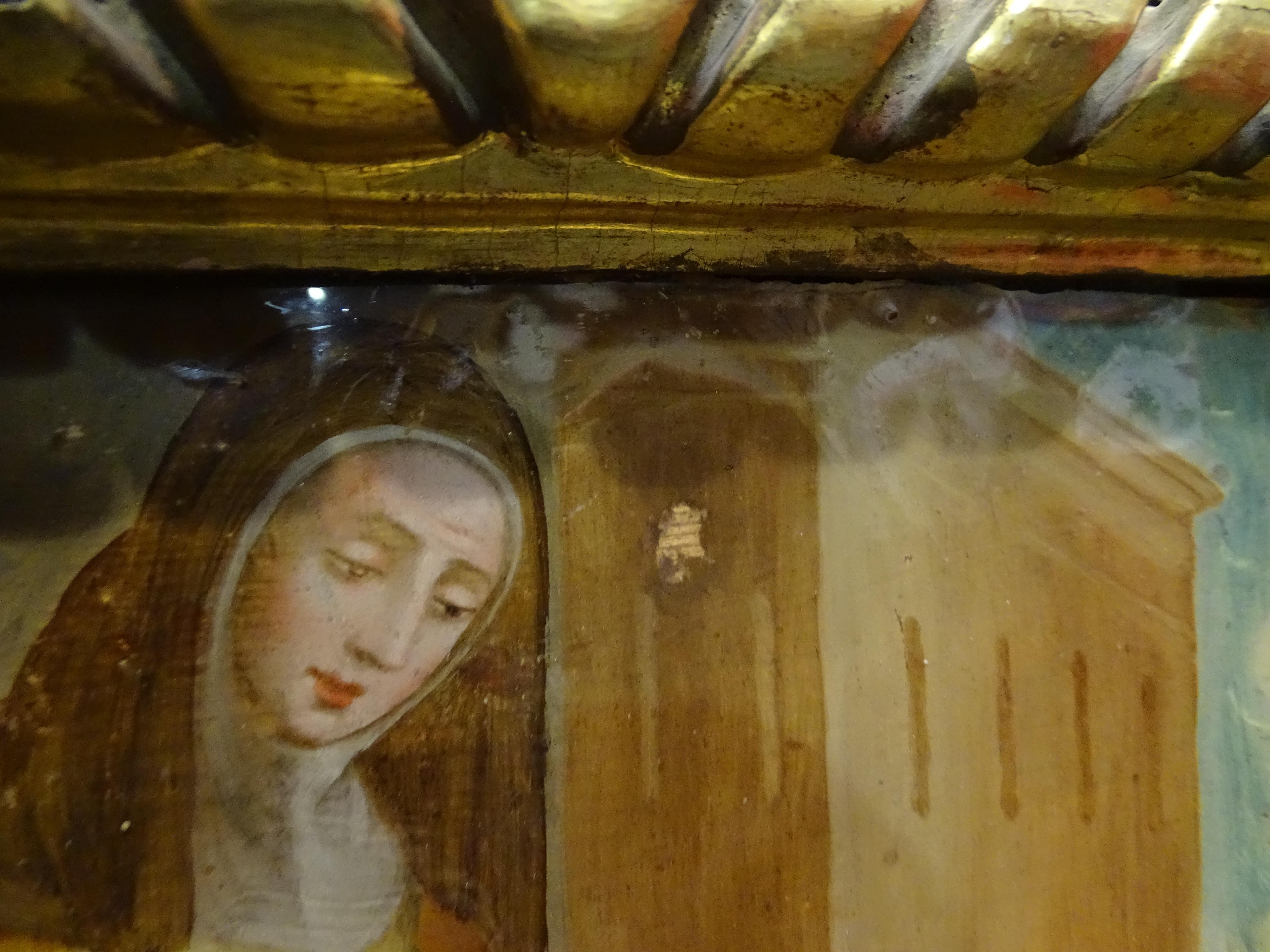 Spanisches Gemälde auf Glas aus dem 18. Jahrhundert, Paar Gemälde, Rahmen aus vergoldetem Holz im Zustand „Gut“ im Angebot in Valladolid, ES