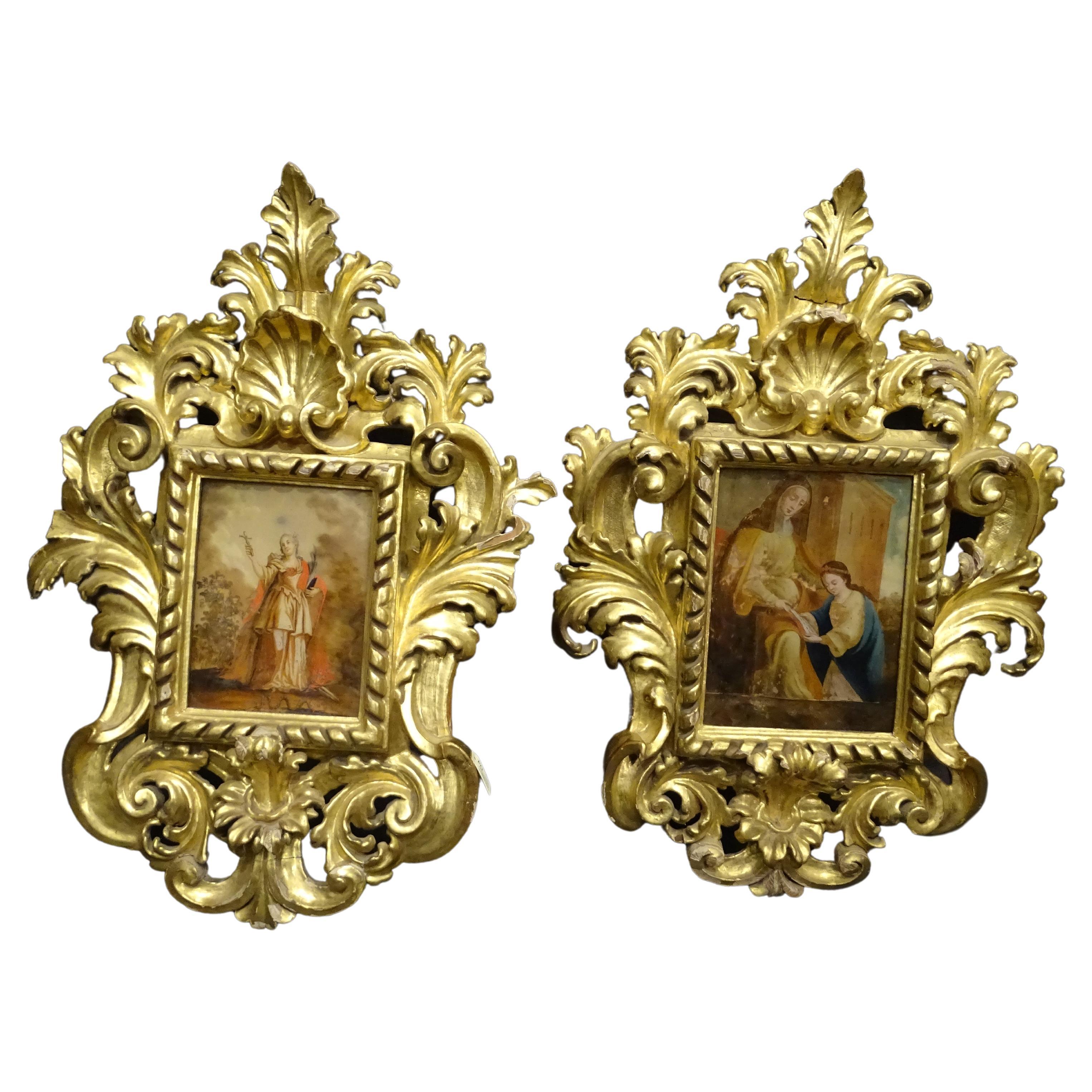 Pittura spagnola del XVIII secolo su vetro, coppia di dipinti, cornice in legno dorato