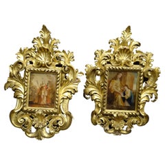 18th Century Spanish Painting on the Glass, Couple of Painting, Gildwood Frame