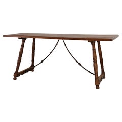 18th‑Century Spanish Walnut Trestle Table with Iron Stretcher
