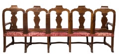 18th Century Five Seat Chair Back Sofa, Carved Walnut, Red Silk Fabric