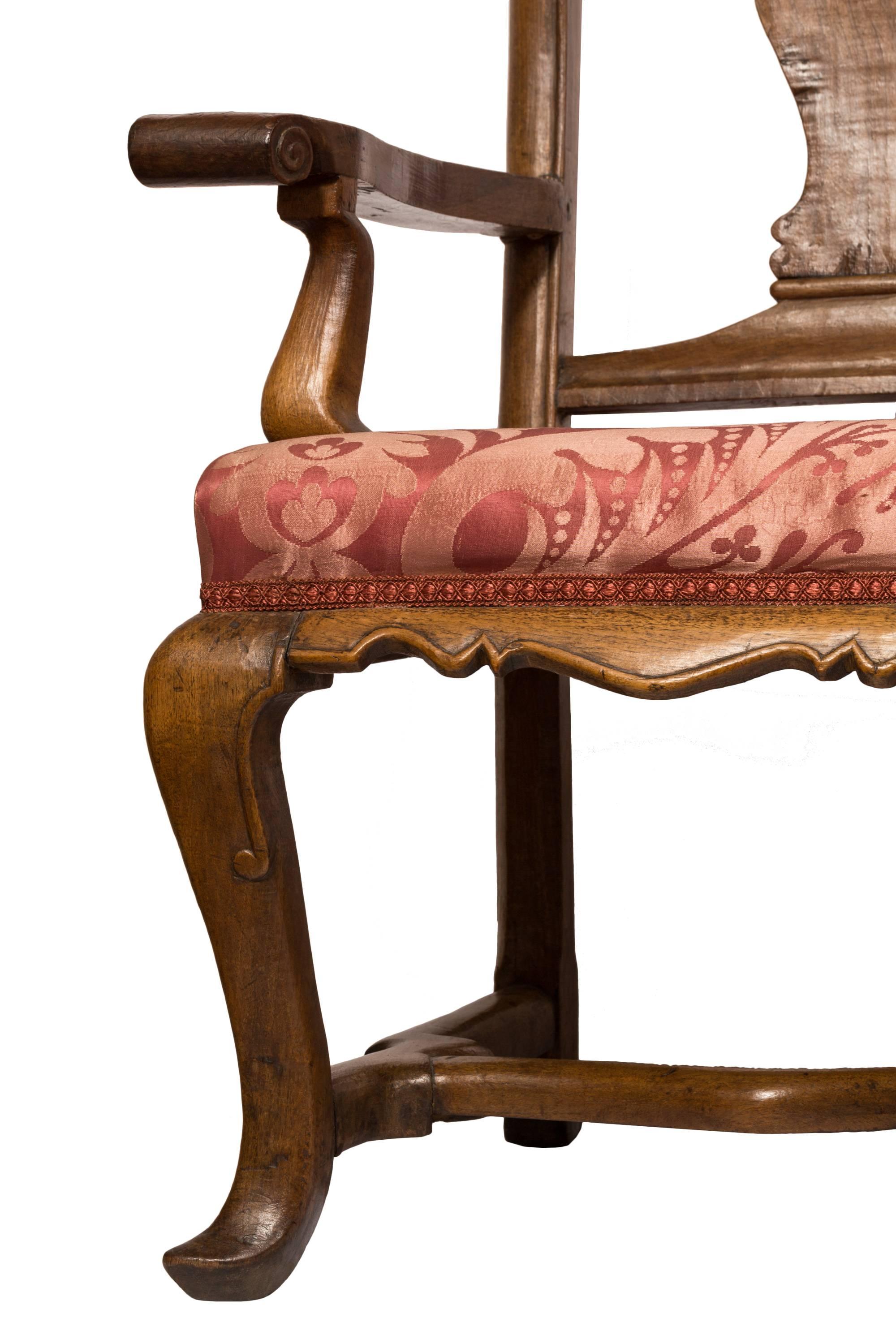 Queen Anne 18th C. Spanish Carlos III Chair Back Sofa w/ Carved Walnut and Red Silk Fabric For Sale