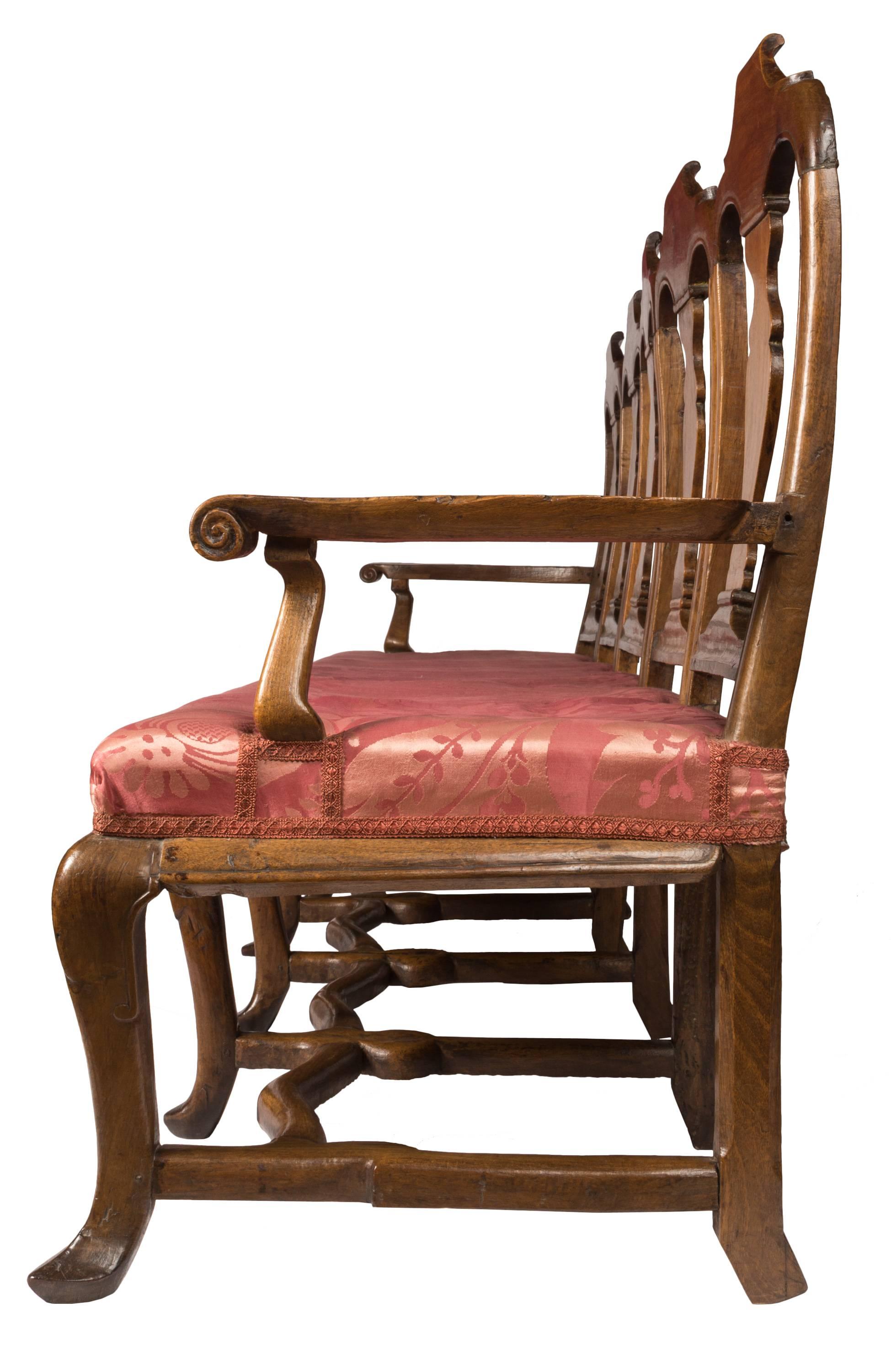 18th Century and Earlier 18th C. Spanish Carlos III Chair Back Sofa w/ Carved Walnut and Red Silk Fabric For Sale