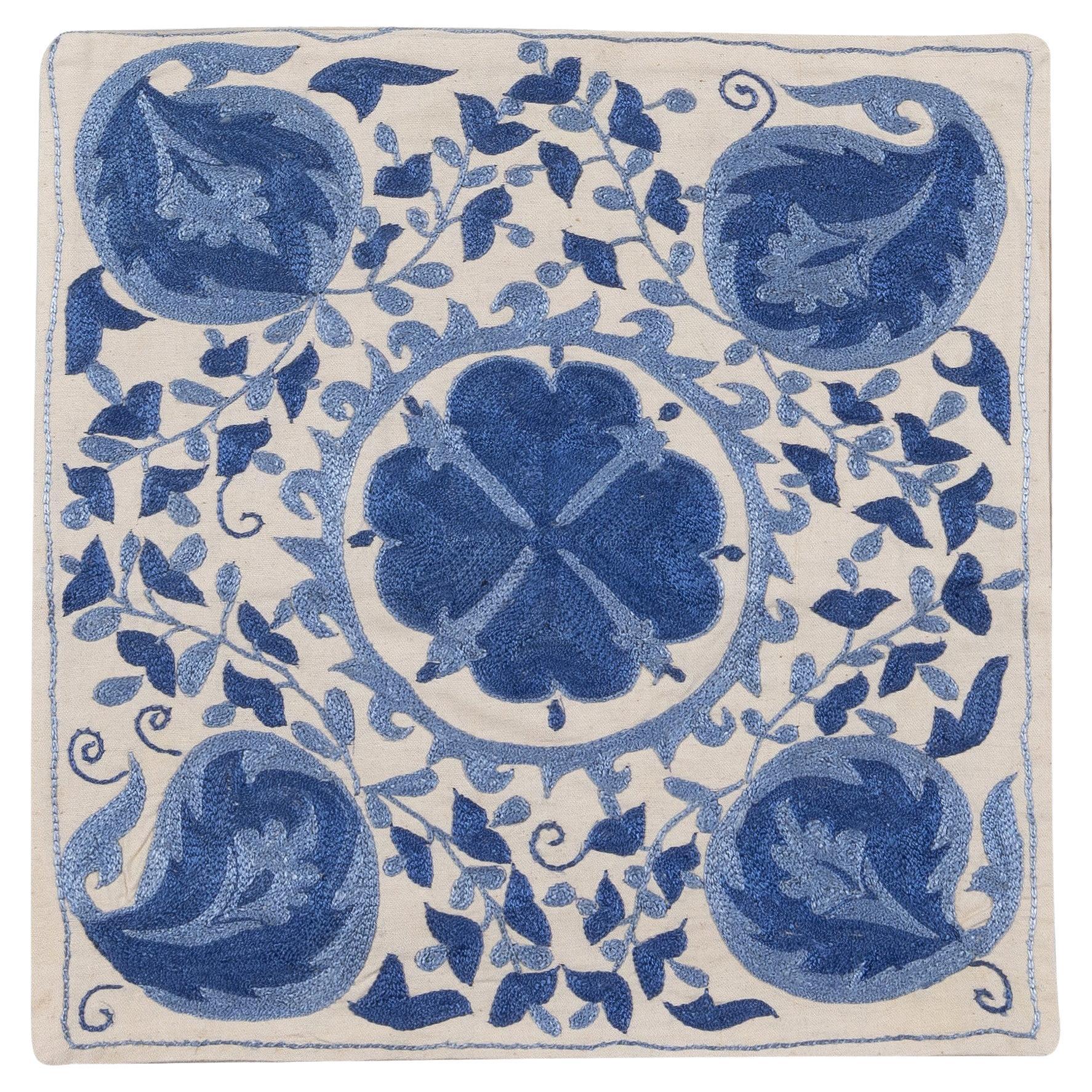 Decorative Silk Embroidered Suzani Cushion Cover in Cream & Light Blue 18" x 17" For Sale