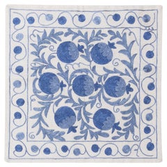 Antique 18"x18" Uzbek Embroidered Cushion Cover, Handmade Cream & Light Blue Lace Pillow