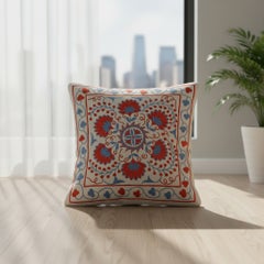 18"x18" Silk Cushion Cover. Embroidered Accent Pillow. Red & Blue Throw Pillow