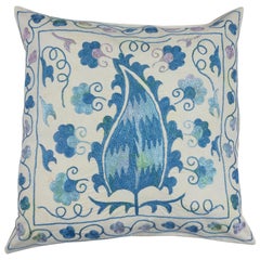 Copricuscino con ricamo in seta 18 "x18", cuscino in pizzo blu e panna, Uzbek Sham