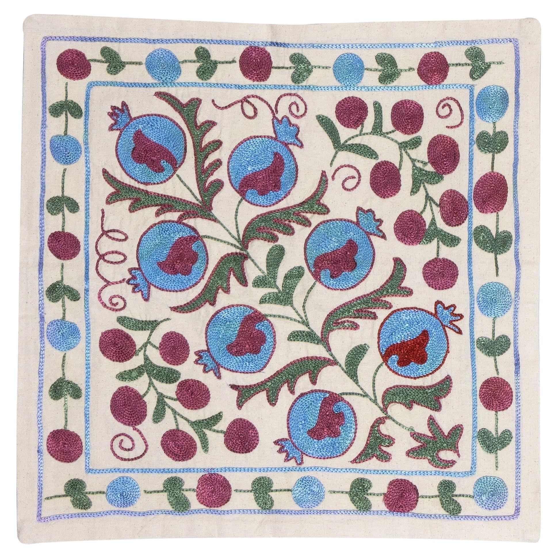 18"x18" Silk Embroidery Suzani Pillowcase, Pomegranate Tree Design Cushion Cover For Sale