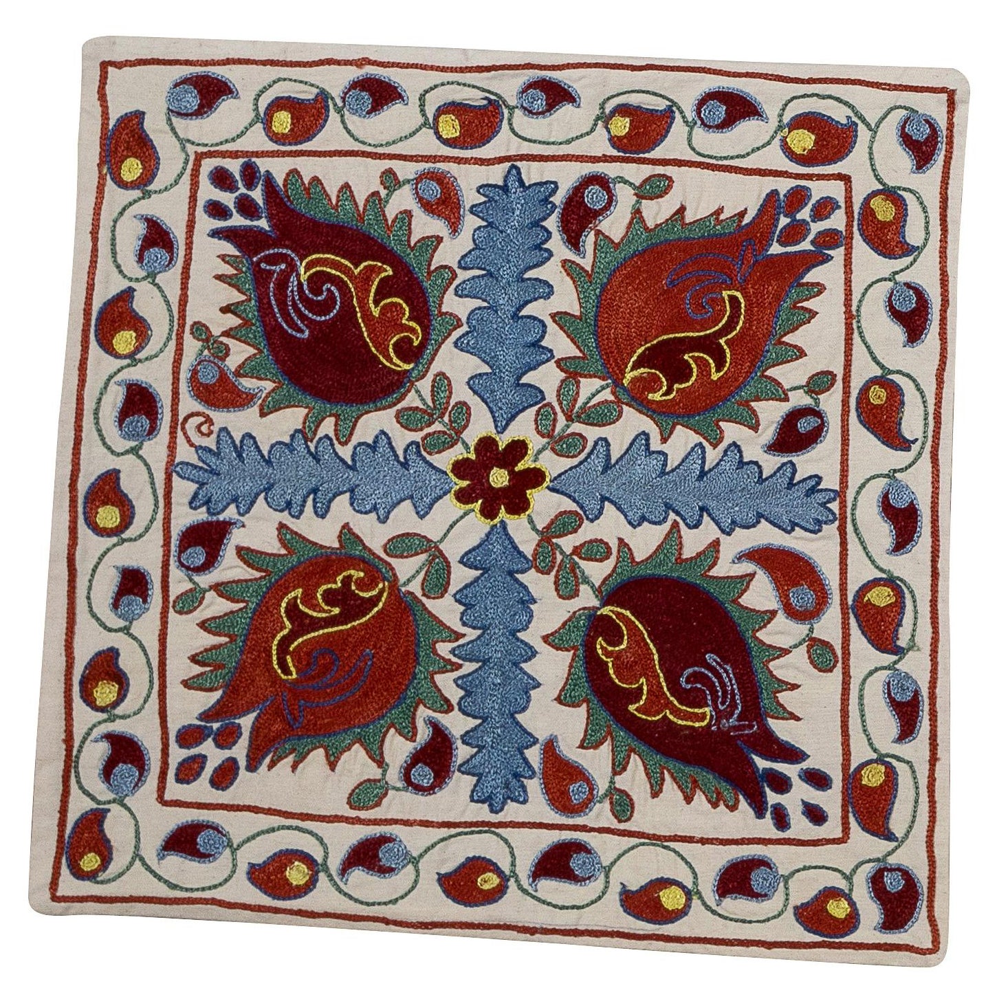 Cuscino in pizzo uzbeko Suzani da 18 "x18", copricuscino ricamato in crema, coprispalle in seta in vendita