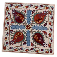 18"x18" Uzbek Suzani Lace Pillow, Embroidered Cream Cushion Cover, Silk Sham