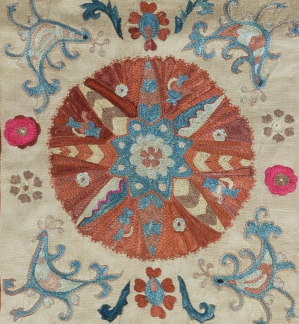 Decorative Suzani cushion cover made of hand embroidery silk on silk background, flowers and vine motifs, linen backing with zipper, no insert.

Delicate and specialised washing advised.

Suzani is a type of hand-embroidered and decorative