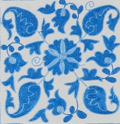 Copri cuscino crema e blu 18 "x19". Federa. Cuscino con ricamo in seta