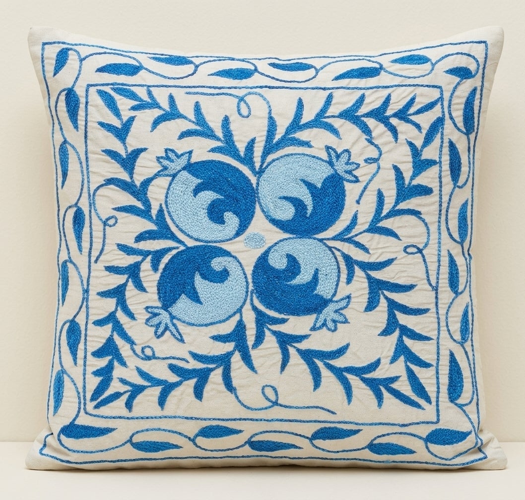 18"x19" Silk Embroidery Cushion Cover. Blue Accent Pillow. Floral Motifs