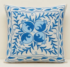 18"x19" Silk Embroidery Cushion Cover. Blue Accent Pillow. Floral Motifs