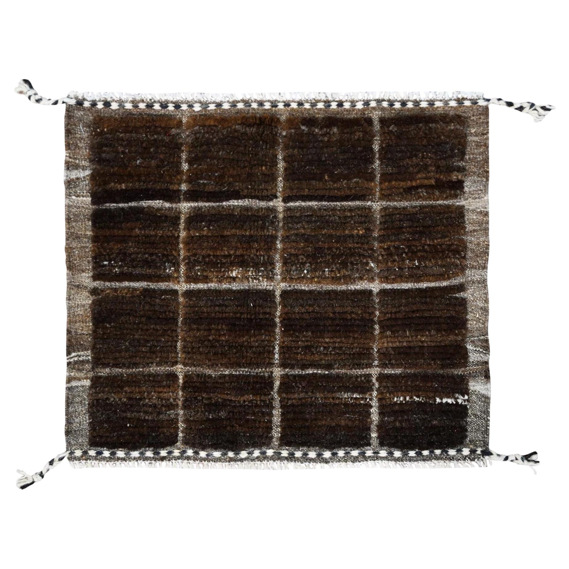 1'8"x2' Brown Moroccan Weave Grid Design Sample Natural Wool Hand Knotted Rug For Sale