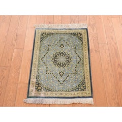 1'8"x2'4" Green Pure Silk Vintage Persian Ghom 600 KPSI Hand Knotted Mat Rug