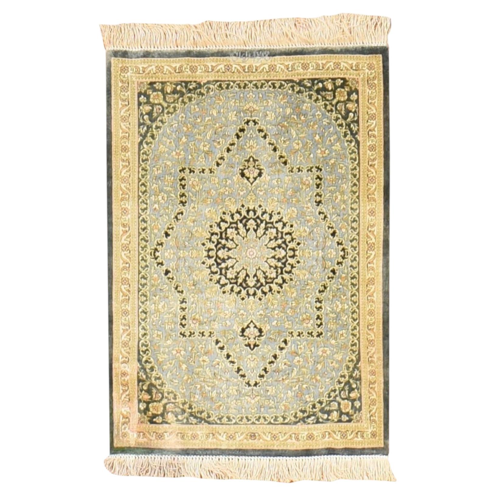 1'8"x2'4" Green Pure Silk Vintage Zoroastrian Ghom 600 KPSI Hand Knotted Mat Rug