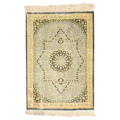 1'8"x2'4" Green Pure Silk Vintage Persian Ghom 600 KPSI Hand Knotted Mat Rug