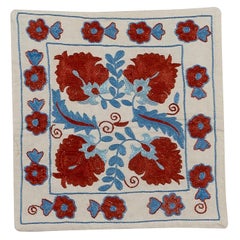 18"x24" New Uzbek Silk Embroidery Cushion Cover in Red, Blue and Cream