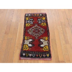 1'8"x3'7" Red Antique Turkish Oushak Medallion Design Hand Knotted Wool Mat Rug