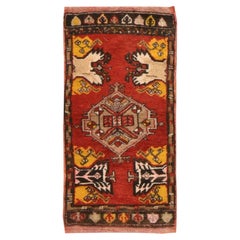 1'8"x3'7" Red Antique Turkish Oushak Medallion Design Hand Knotted Wool Mat Rug