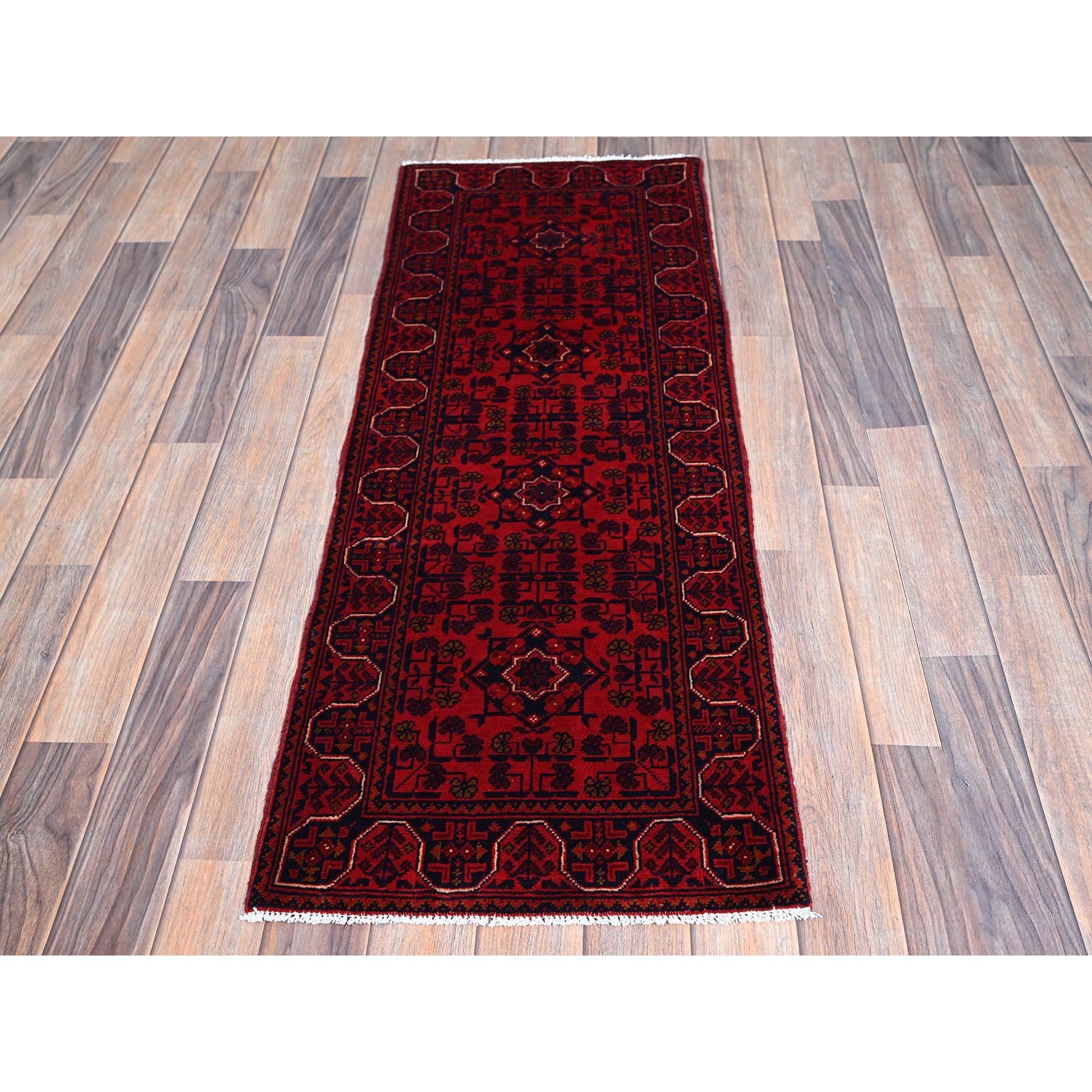 Carmine Red, Afghan Khamyab with Geometric Pattern, Hand Knotted, Soft and Velvety Wool, Vegetable Dyes, Short and Narrow Runner, Oriental Rug
Primary materials: Wool
Latex: No Pile 
height: 0.25 Inches
Style: Traditional
Primary color: