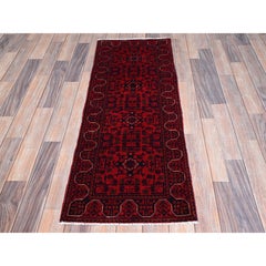 1'8"x4'9" Red Afghan Khamyab Geometric Pattern Hand Knotted Soft Wool Runner Rug