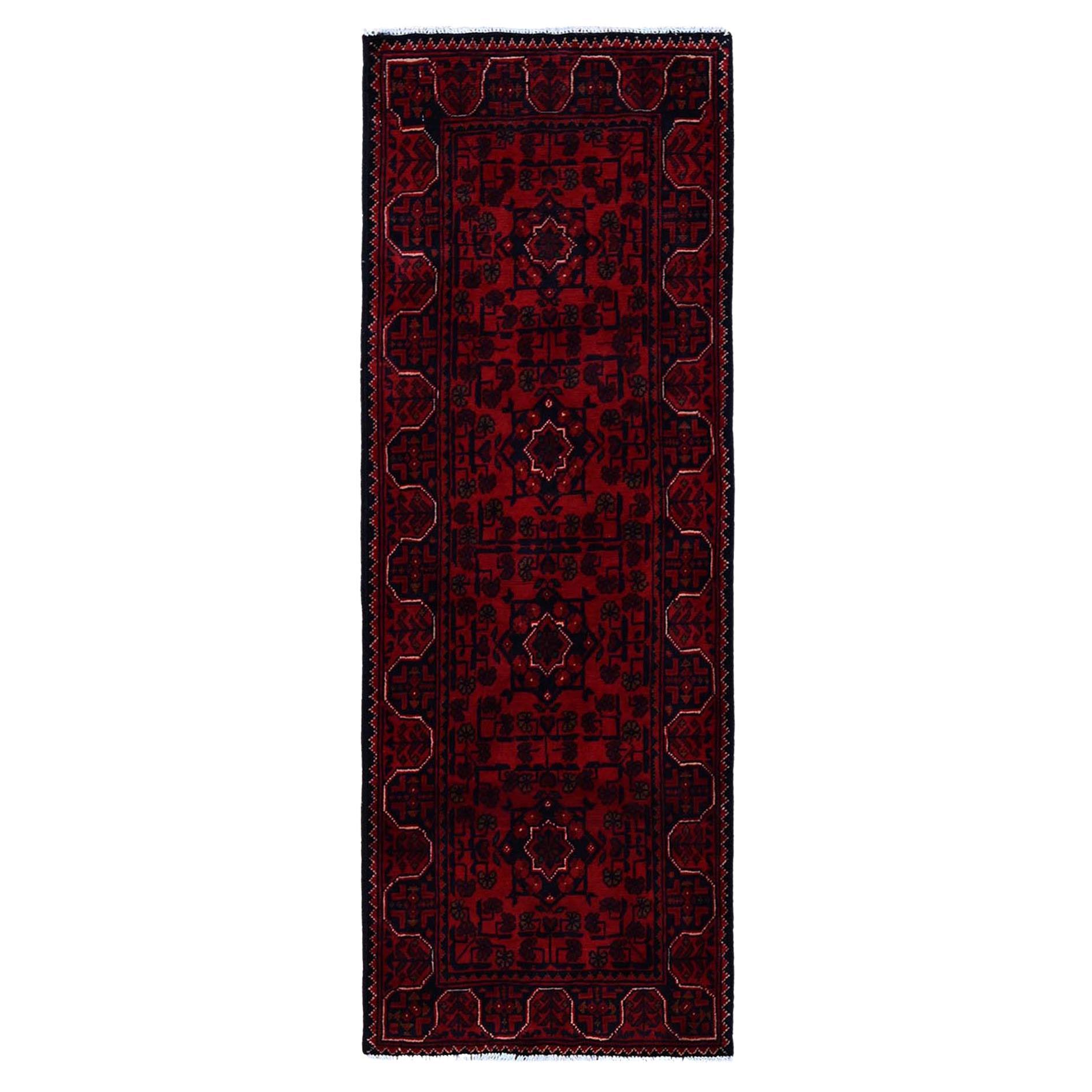 1
8"x4
9" Red Afghan Khamyab Geometric Pattern Hand Knotted Soft Wool Runner Rug