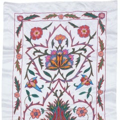 1.8x6.5 ft 100% Silk Table Runner, Hand Embroidered Wall Hanging, Uzbek Tapestry