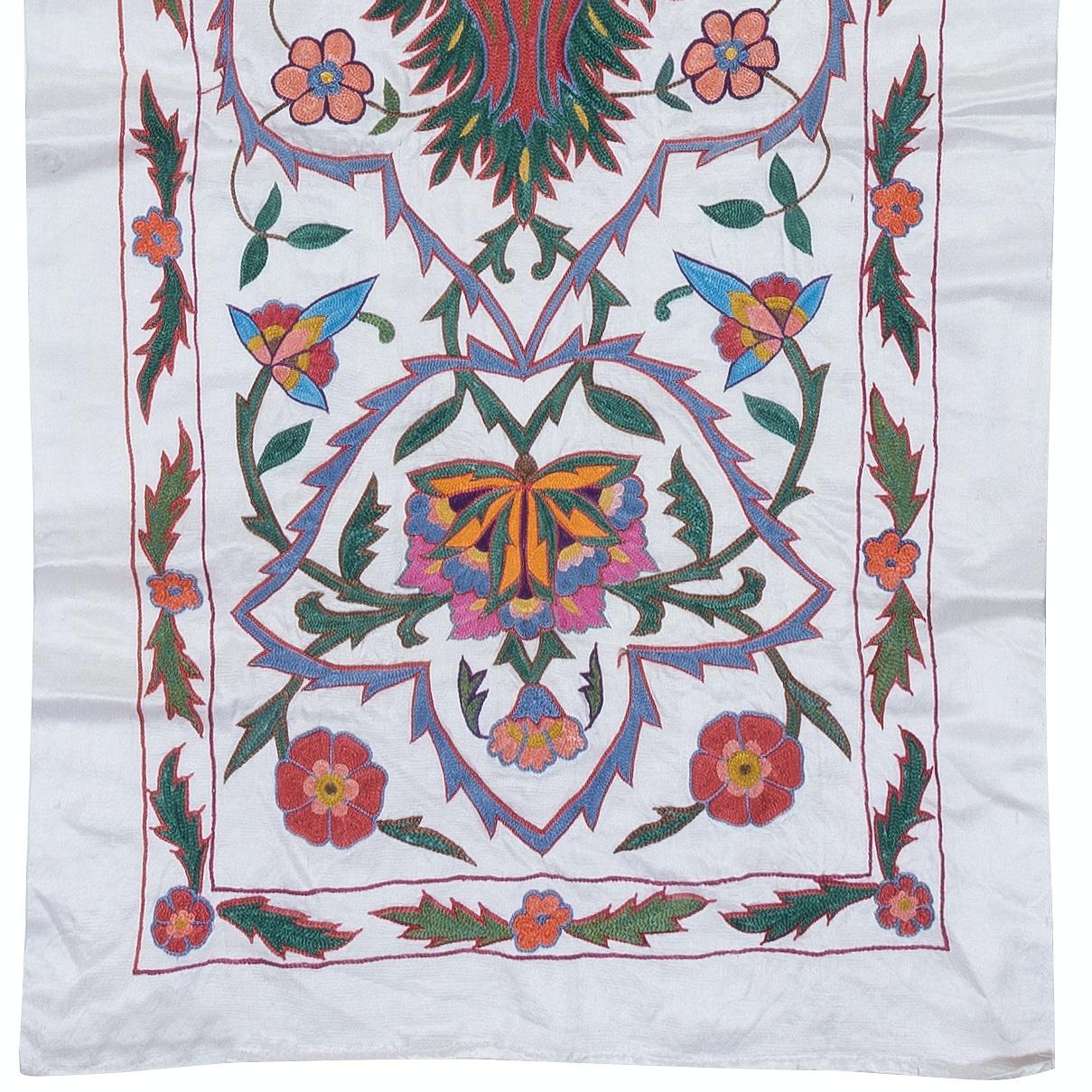 Suzani 1.8x6.5 ft 100% Silk Table Runner, Hand Embroidered Wall Hanging, Uzbek Tapestry For Sale